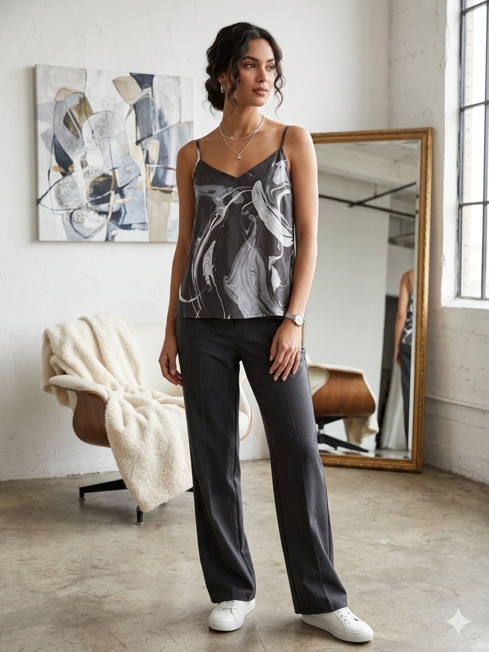 Athleta Calm Cool Cami black and gray marble abstract adjustable straps M & XXS